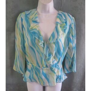 Chadwicks Blouse Size 4 Mock Wrap Ruffled 100% Silk Dressy Top High Energy Print